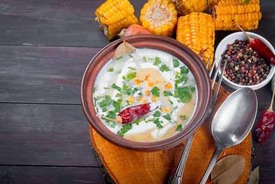 High angle view of vegetables in bowl on table