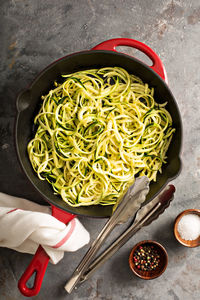 High angle view of noodles in bowl on table