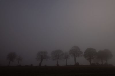 Silhouette trees on field against sky during foggy weather