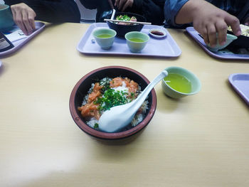 High angle view of food in bowl on table at cafe