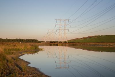 Reflection of electricity pylons on water during sunset