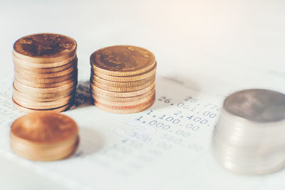High angle view of coins on table