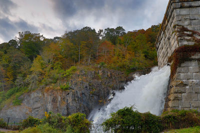 Scenic view of waterfall against sky