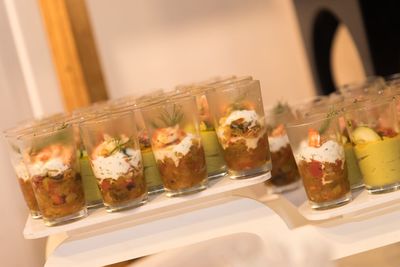 Close-up of food in glasses on table