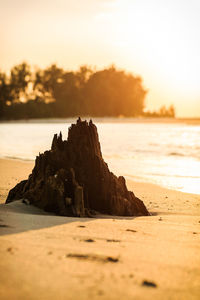 Rock formation on beach against sky during sunset