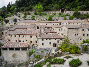 High angle view of old buildings in town