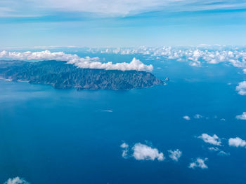 Aerial view of sea against blue sky