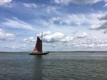 Sailboat sailing on sea against sky