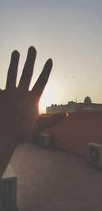 Human hand against sky during sunset