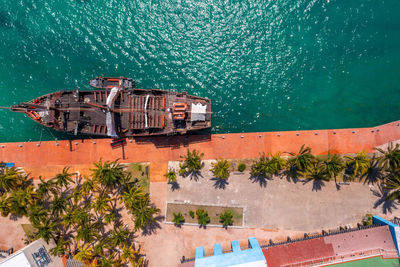 Aerial view of jolly roger pirate ship in cancun