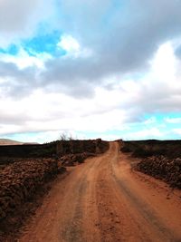 Dirt road amidst landscape against sky