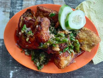 High angle view of food served on table