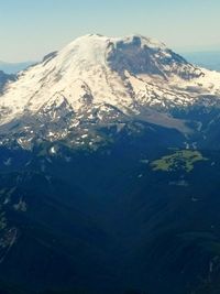 Aerial view of snowcapped mountains and sea against sky