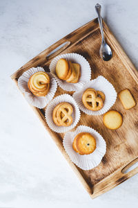 High angle view of cupcakes on table