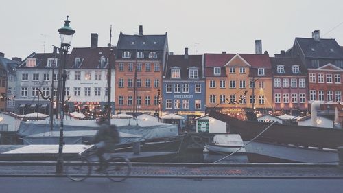 View of street and buildings in city