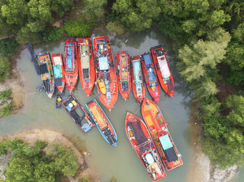 High angle view of graffiti on river amidst trees