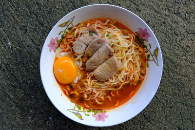 High angle view of food in bowl on table