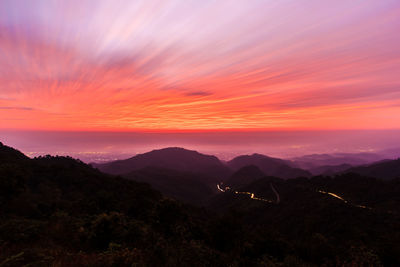 Scenic view of silhouette mountains against sky at sunset