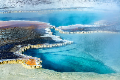 High angle view of swimming pool by lake against sky