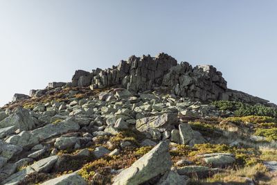 Rocks by sea against clear sky