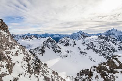 Scenic view of mountains against sky during winter