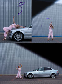 Side view of a girl standing in car