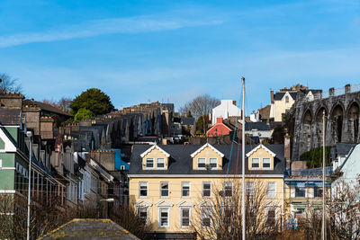 Houses in city against blue sky