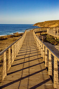 Wooden posts on beach against clear sky