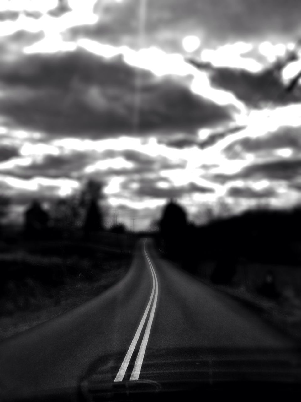 transportation, the way forward, road, road marking, diminishing perspective, vanishing point, tree, windshield, country road, sky, mode of transport, dividing line, asphalt, car, no people, empty, outdoors, street, long, surface level