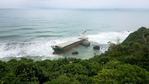 Aerial view of ship sailing in sea