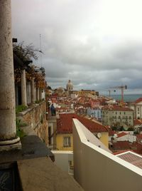 High angle shot of townscape against cloudy sky