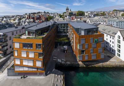 High angle view of buildings against sky