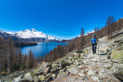 Rear view of man on snowcapped mountain by lake against blue sky