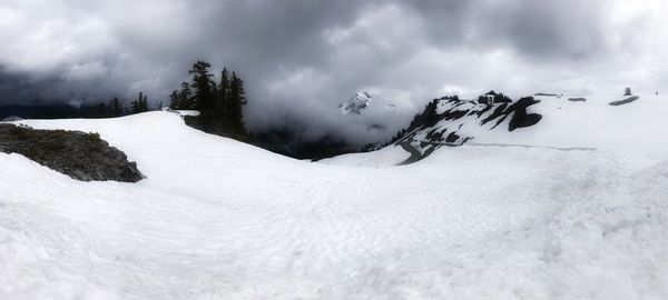 Scenic view of snow covered landscape against sky