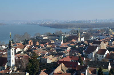 View of zemun, river danube and city of belgrade in background.