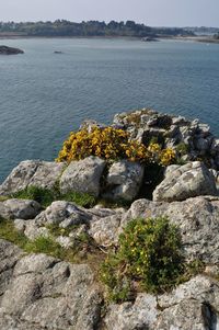 Scenic view of rocks by sea against sky