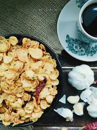 High angle view of breakfast on table