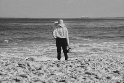 Rear view of man standing on beach