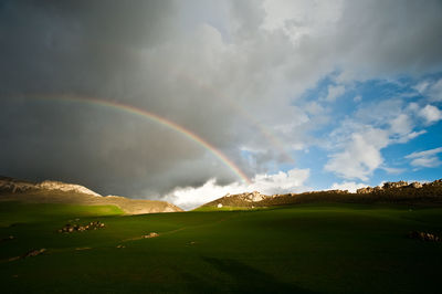 Scenic view of rainbow over landscape