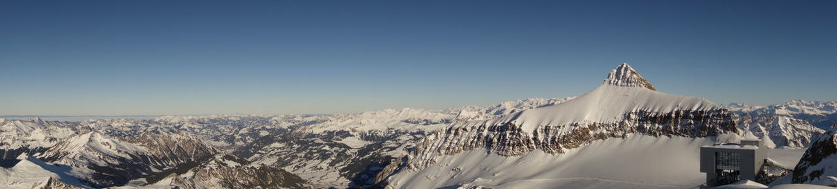 Scenic view of snow covered mountains against clear sky