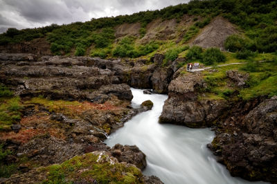 High angle view of waterfall in forest