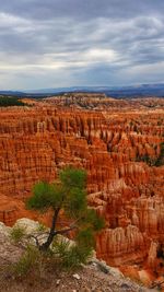 Scenic view of rock formations against cloudy sky