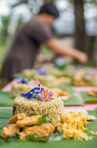 Close-up of served food on table