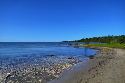 Scenic view of sea against clear blue sky