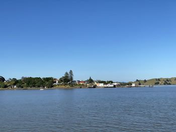 Scenic view of sea against clear blue sky