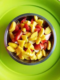 High angle view of chopped fruits in bowl