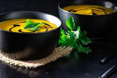 Close-up of soup in bowl on table