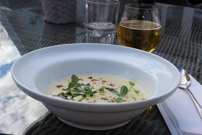 High angle view of soup in bowl on table