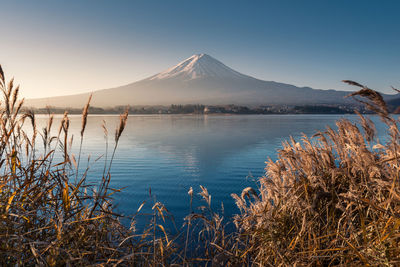 Scenic view of lake against mountain and clear sky