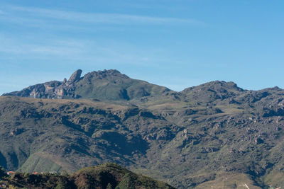 Scenic view of mountains against blue sky